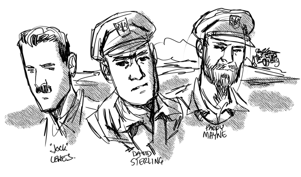 A rough sketch of "Jock" Lewes, David Sterling and Paddy Mayne.